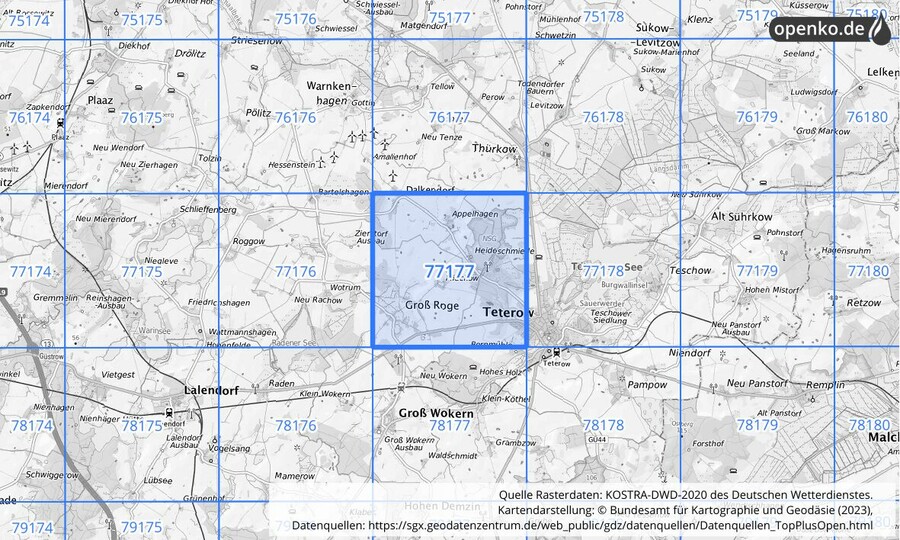 Übersichtskarte des KOSTRA-DWD-2020-Rasterfeldes Nr. 77177