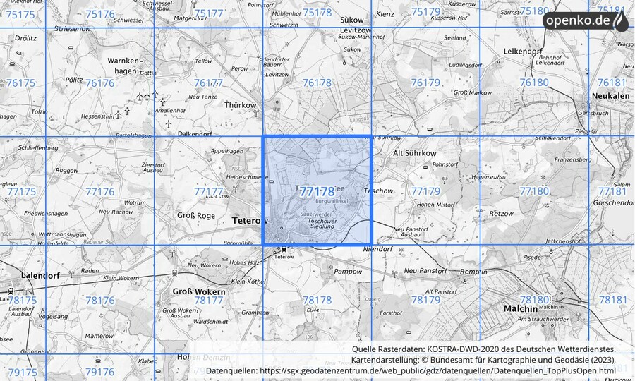 Übersichtskarte des KOSTRA-DWD-2020-Rasterfeldes Nr. 77178