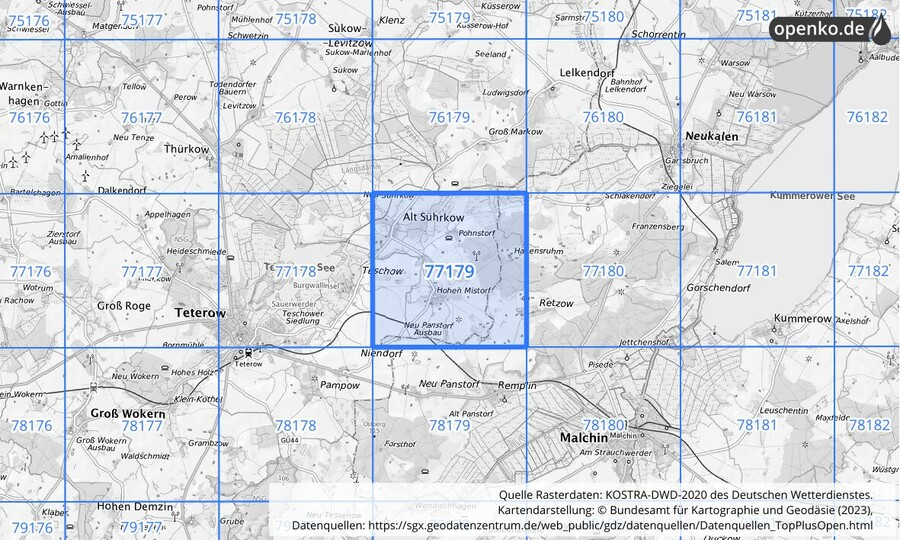 Übersichtskarte des KOSTRA-DWD-2020-Rasterfeldes Nr. 77179