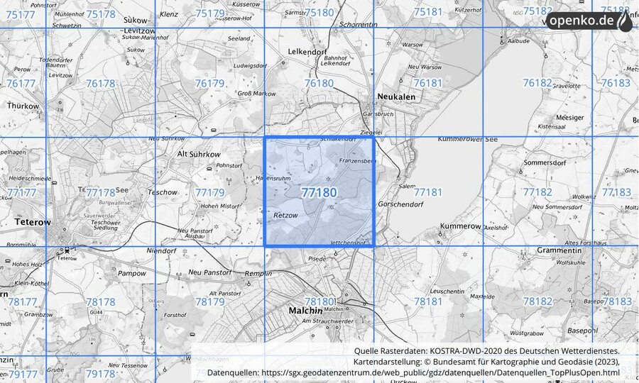Übersichtskarte des KOSTRA-DWD-2020-Rasterfeldes Nr. 77180