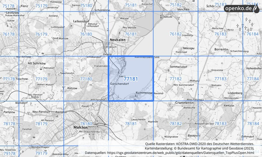 Übersichtskarte des KOSTRA-DWD-2020-Rasterfeldes Nr. 77181