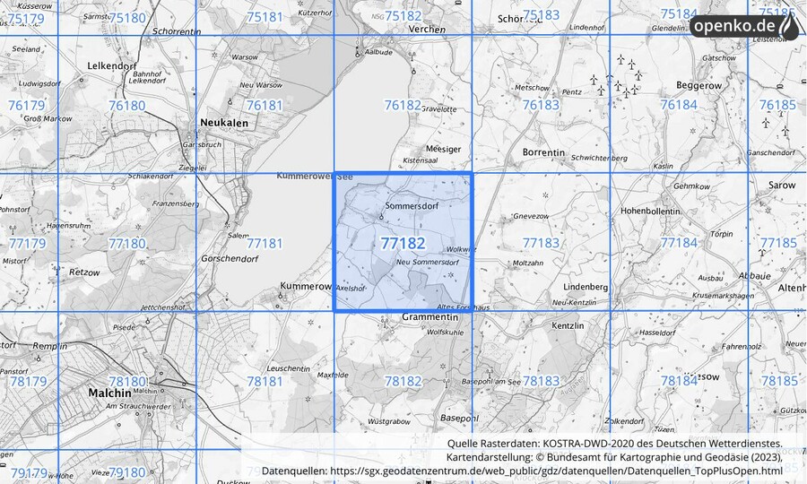 Übersichtskarte des KOSTRA-DWD-2020-Rasterfeldes Nr. 77182