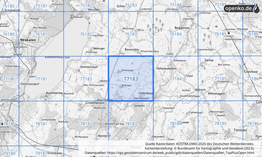 Übersichtskarte des KOSTRA-DWD-2020-Rasterfeldes Nr. 77183