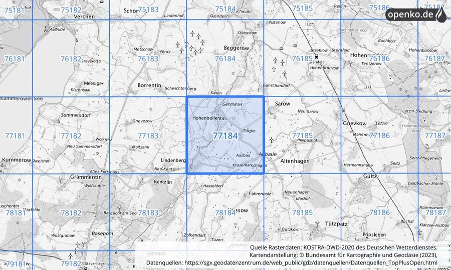 Übersichtskarte des KOSTRA-DWD-2020-Rasterfeldes Nr. 77184
