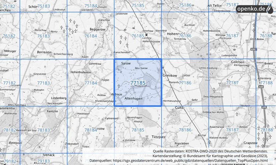 Übersichtskarte des KOSTRA-DWD-2020-Rasterfeldes Nr. 77185