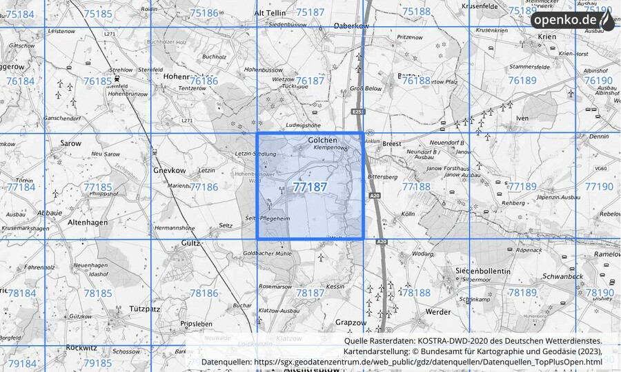 Übersichtskarte des KOSTRA-DWD-2020-Rasterfeldes Nr. 77187