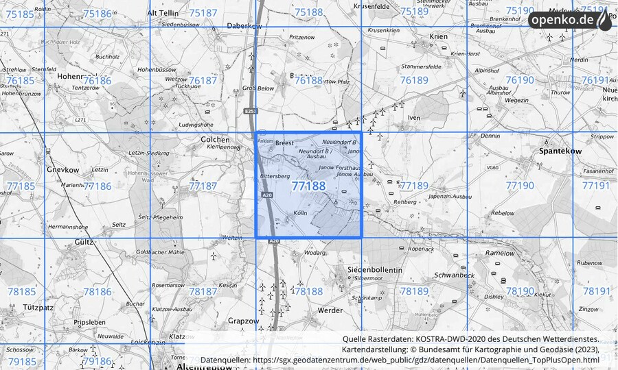 Übersichtskarte des KOSTRA-DWD-2020-Rasterfeldes Nr. 77188