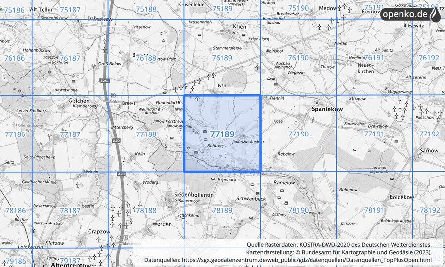 Übersichtskarte des KOSTRA-DWD-2020-Rasterfeldes Nr. 77189