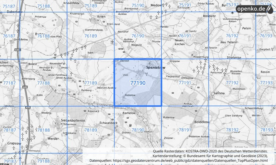 Übersichtskarte des KOSTRA-DWD-2020-Rasterfeldes Nr. 77190