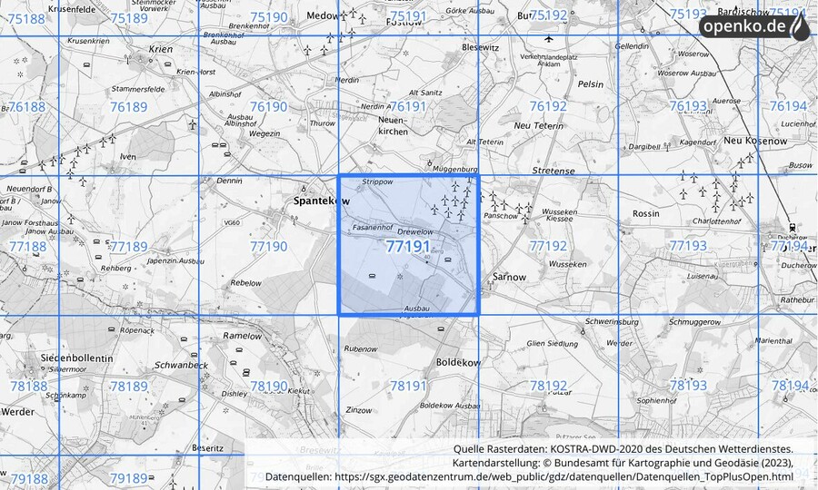Übersichtskarte des KOSTRA-DWD-2020-Rasterfeldes Nr. 77191