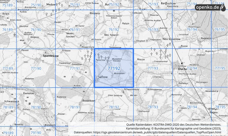 Übersichtskarte des KOSTRA-DWD-2020-Rasterfeldes Nr. 77192