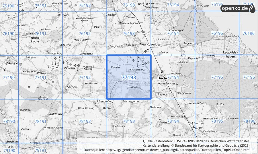 Übersichtskarte des KOSTRA-DWD-2020-Rasterfeldes Nr. 77193