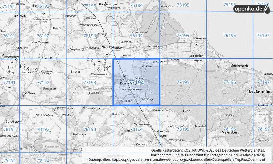 Übersichtskarte des KOSTRA-DWD-2020-Rasterfeldes Nr. 77194