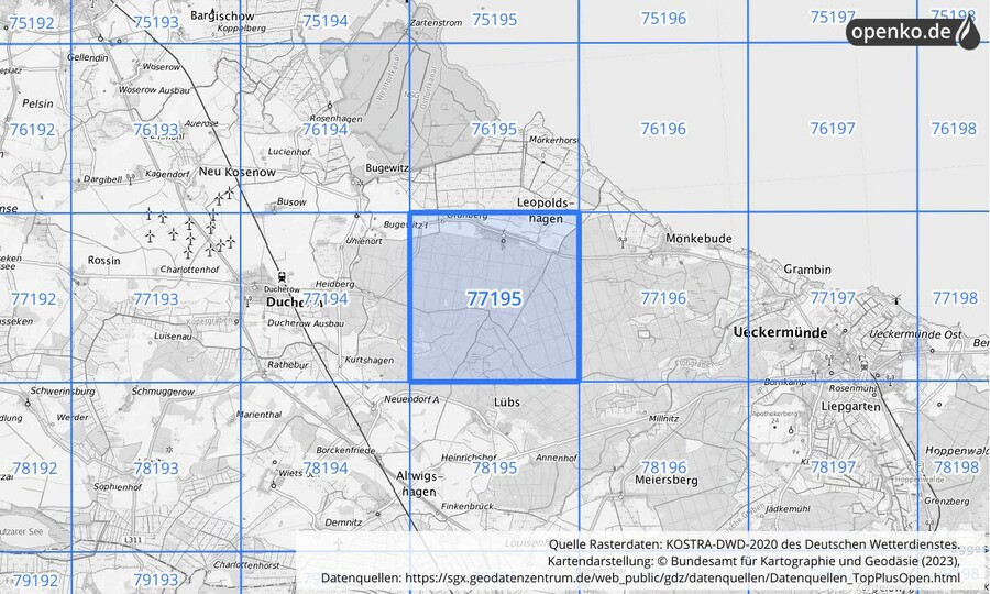 Übersichtskarte des KOSTRA-DWD-2020-Rasterfeldes Nr. 77195