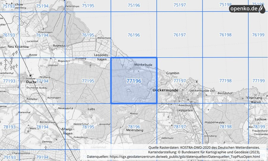 Übersichtskarte des KOSTRA-DWD-2020-Rasterfeldes Nr. 77196