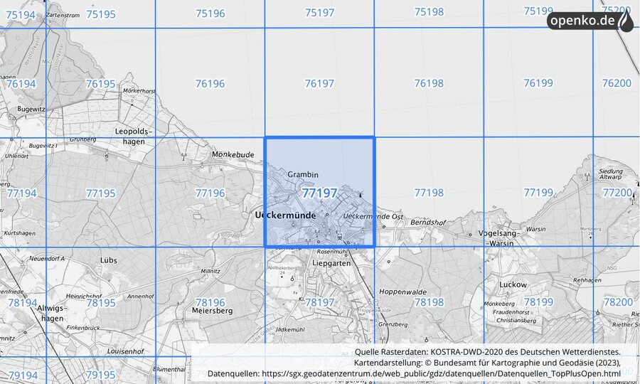 Übersichtskarte des KOSTRA-DWD-2020-Rasterfeldes Nr. 77197