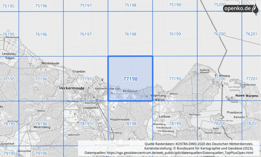 Übersichtskarte des KOSTRA-DWD-2020-Rasterfeldes Nr. 77198