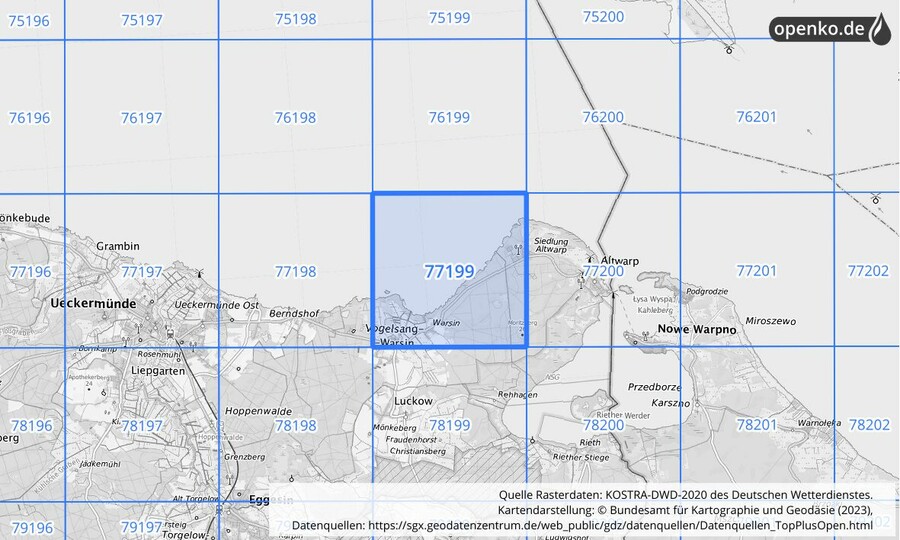 Übersichtskarte des KOSTRA-DWD-2020-Rasterfeldes Nr. 77199