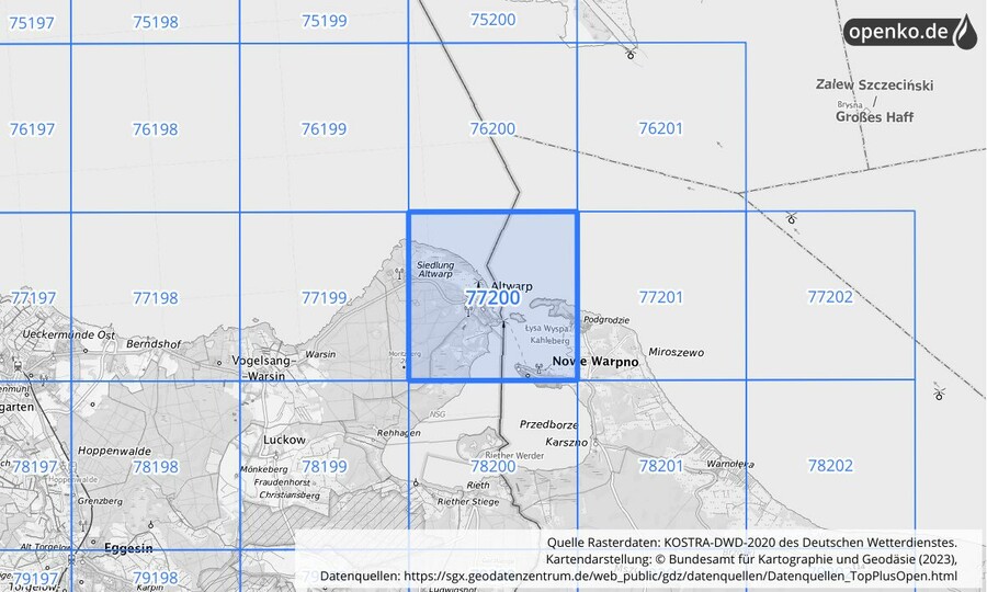 Übersichtskarte des KOSTRA-DWD-2020-Rasterfeldes Nr. 77200