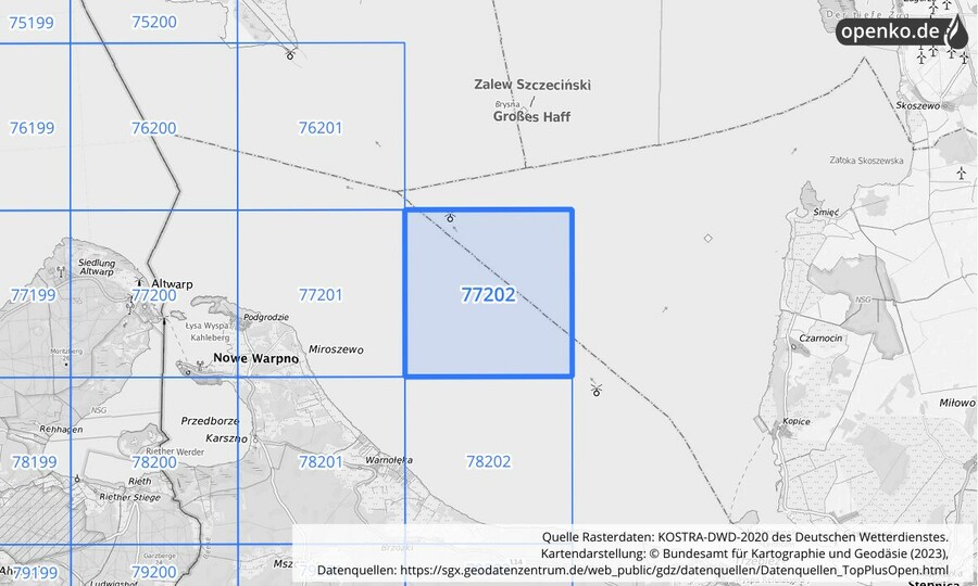 Übersichtskarte des KOSTRA-DWD-2020-Rasterfeldes Nr. 77202