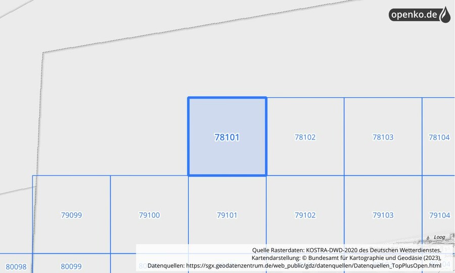 Übersichtskarte des KOSTRA-DWD-2020-Rasterfeldes Nr. 78101