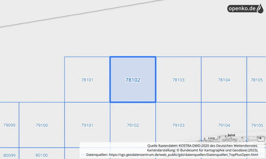 Übersichtskarte des KOSTRA-DWD-2020-Rasterfeldes Nr. 78102