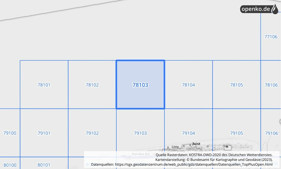 Übersichtskarte des KOSTRA-DWD-2020-Rasterfeldes Nr. 78103