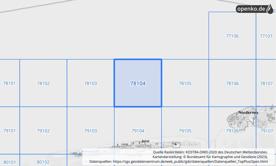 Übersichtskarte des KOSTRA-DWD-2020-Rasterfeldes Nr. 78104