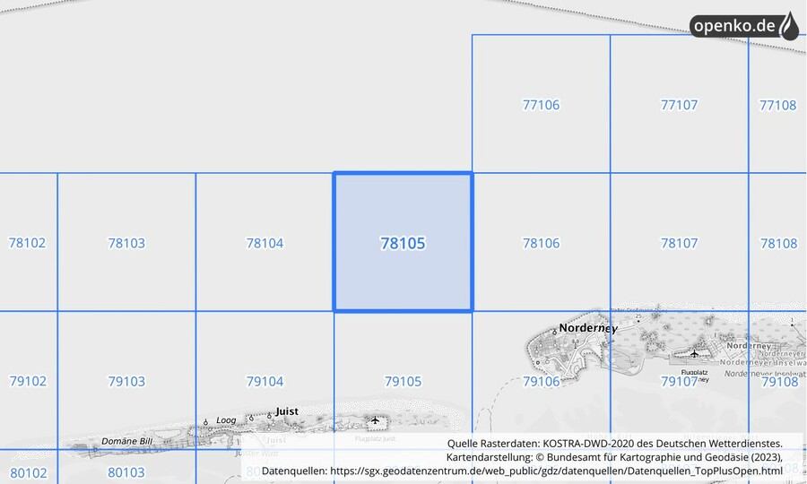 Übersichtskarte des KOSTRA-DWD-2020-Rasterfeldes Nr. 78105