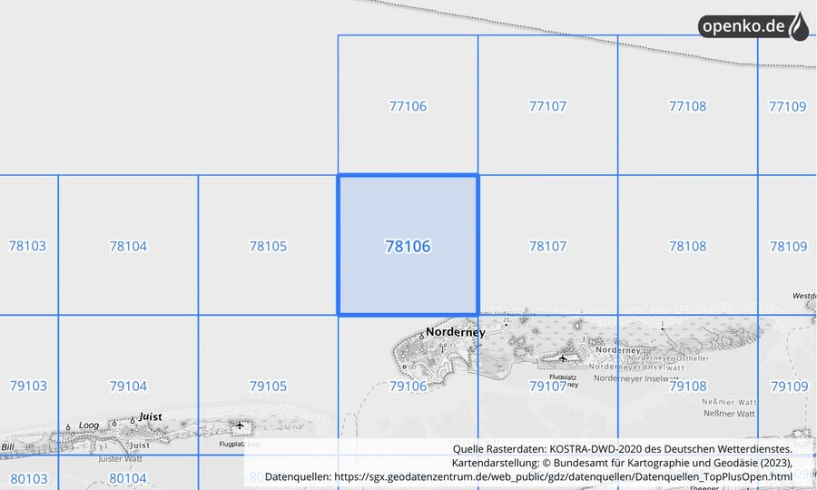 Übersichtskarte des KOSTRA-DWD-2020-Rasterfeldes Nr. 78106