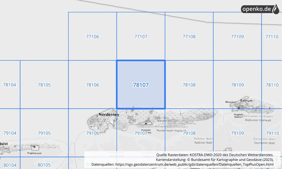 Übersichtskarte des KOSTRA-DWD-2020-Rasterfeldes Nr. 78107