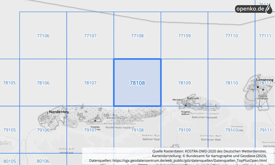 Übersichtskarte des KOSTRA-DWD-2020-Rasterfeldes Nr. 78108