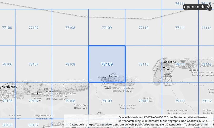 Übersichtskarte des KOSTRA-DWD-2020-Rasterfeldes Nr. 78109