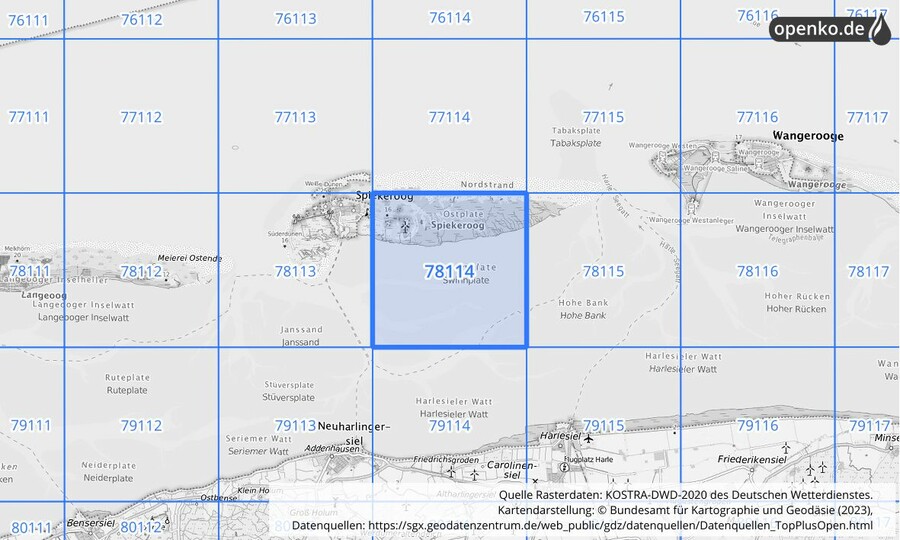 Übersichtskarte des KOSTRA-DWD-2020-Rasterfeldes Nr. 78114