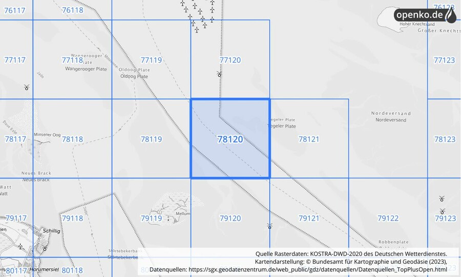 Übersichtskarte des KOSTRA-DWD-2020-Rasterfeldes Nr. 78120