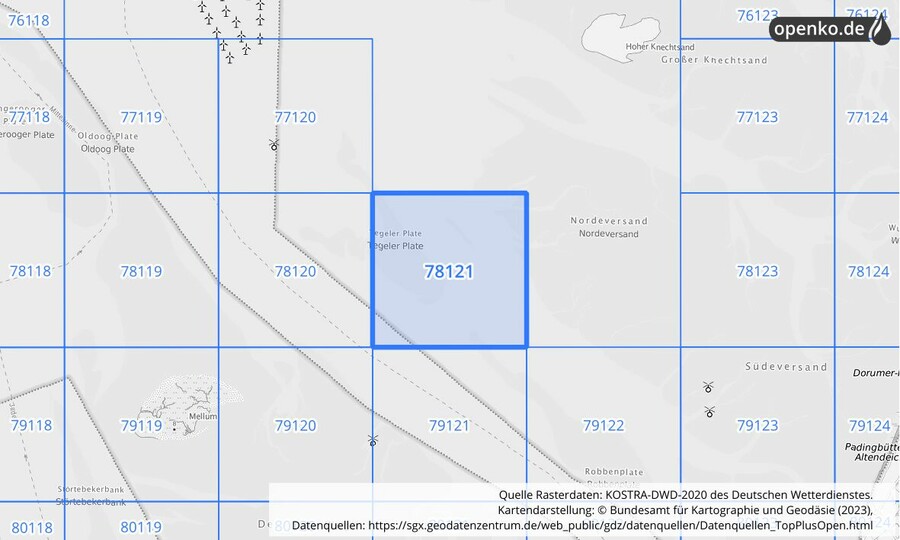 Übersichtskarte des KOSTRA-DWD-2020-Rasterfeldes Nr. 78121