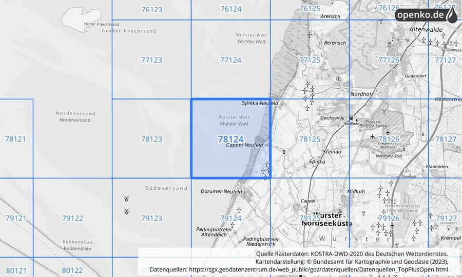 Übersichtskarte des KOSTRA-DWD-2020-Rasterfeldes Nr. 78124