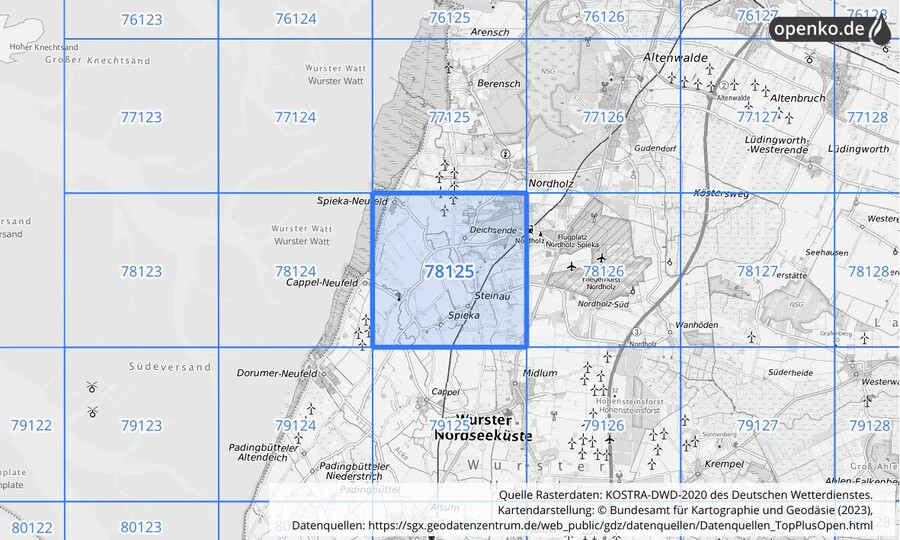 Übersichtskarte des KOSTRA-DWD-2020-Rasterfeldes Nr. 78125