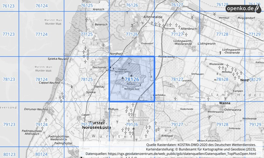 Übersichtskarte des KOSTRA-DWD-2020-Rasterfeldes Nr. 78126