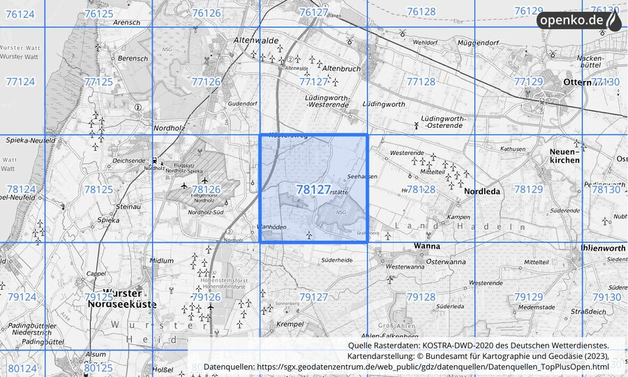 Übersichtskarte des KOSTRA-DWD-2020-Rasterfeldes Nr. 78127