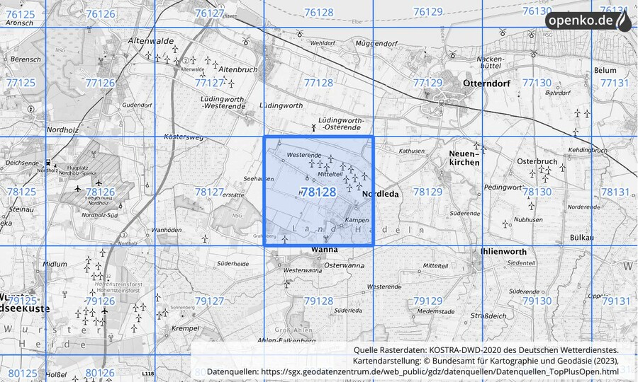 Übersichtskarte des KOSTRA-DWD-2020-Rasterfeldes Nr. 78128