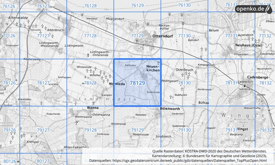 Übersichtskarte des KOSTRA-DWD-2020-Rasterfeldes Nr. 78129