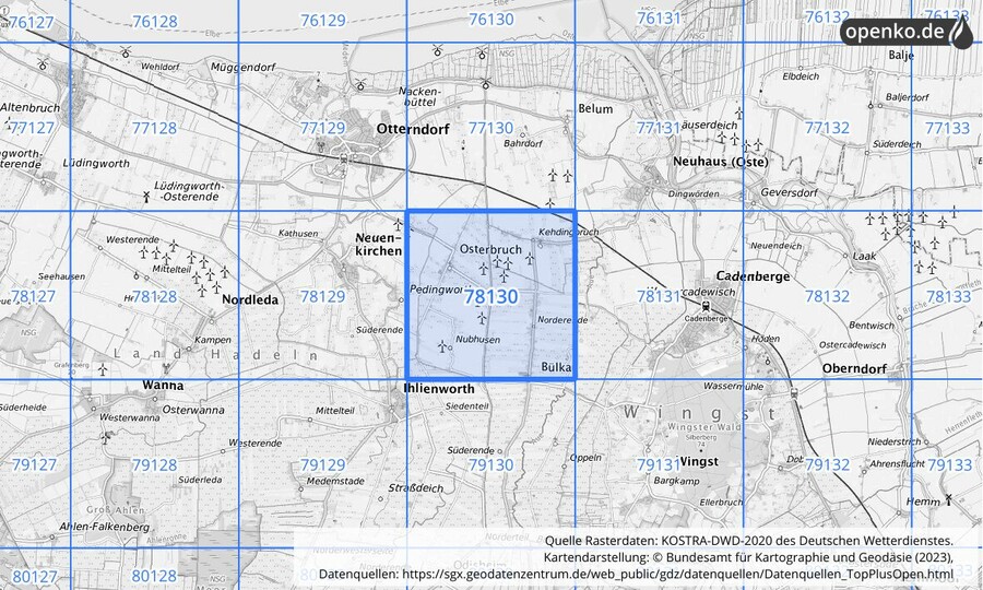 Übersichtskarte des KOSTRA-DWD-2020-Rasterfeldes Nr. 78130