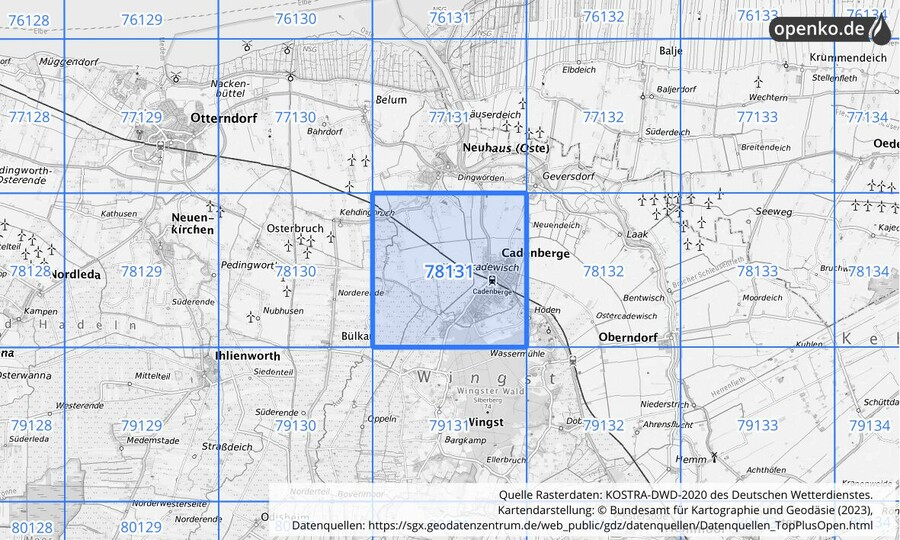 Übersichtskarte des KOSTRA-DWD-2020-Rasterfeldes Nr. 78131