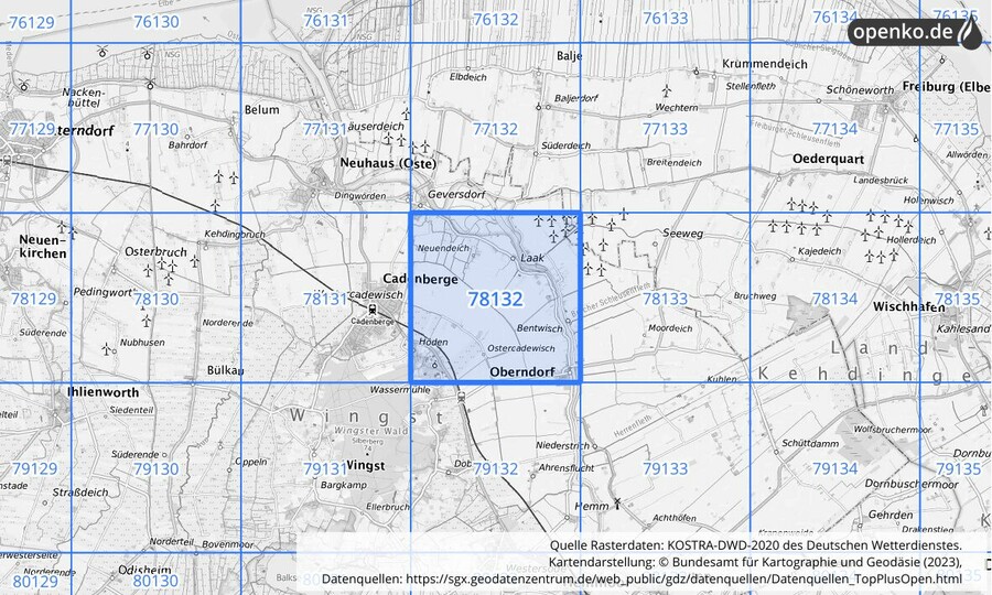 Übersichtskarte des KOSTRA-DWD-2020-Rasterfeldes Nr. 78132
