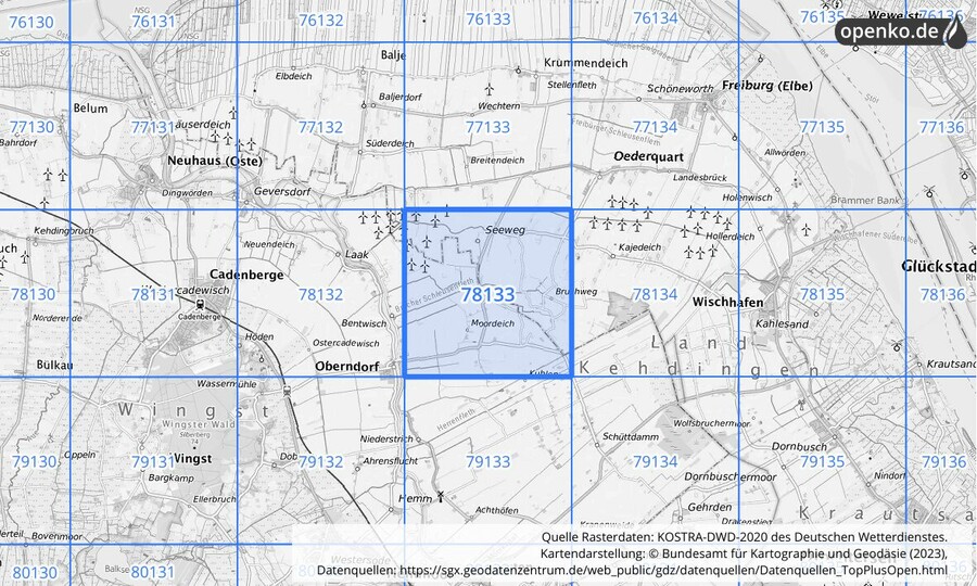 Übersichtskarte des KOSTRA-DWD-2020-Rasterfeldes Nr. 78133