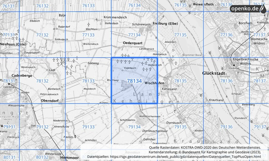 Übersichtskarte des KOSTRA-DWD-2020-Rasterfeldes Nr. 78134