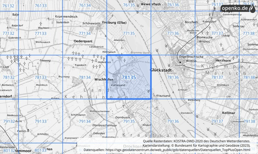 Übersichtskarte des KOSTRA-DWD-2020-Rasterfeldes Nr. 78135