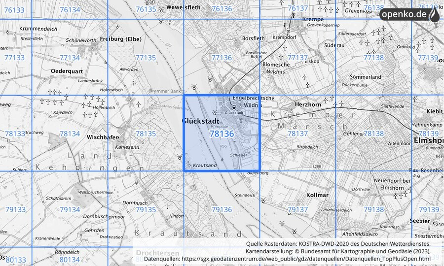 Übersichtskarte des KOSTRA-DWD-2020-Rasterfeldes Nr. 78136