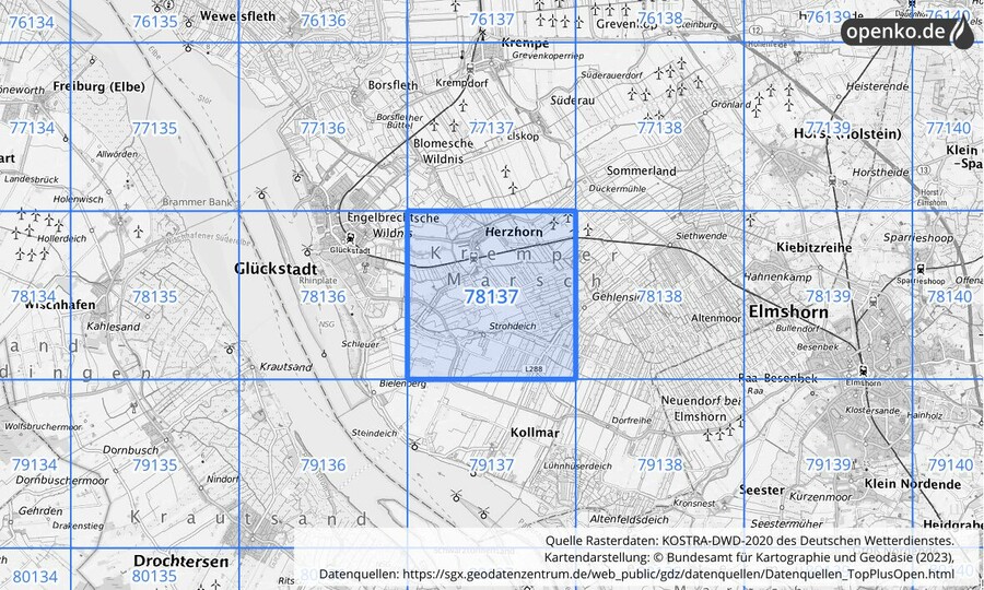 Übersichtskarte des KOSTRA-DWD-2020-Rasterfeldes Nr. 78137